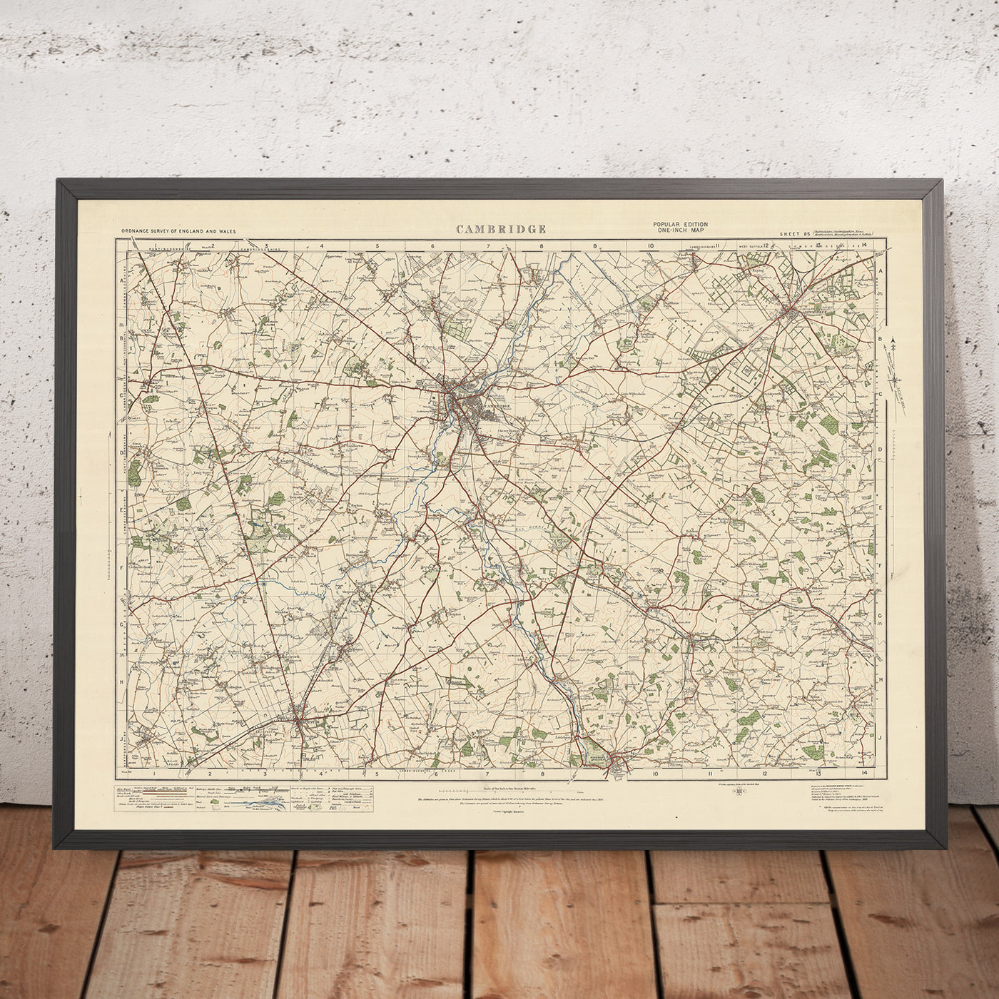 Mapa de Old Ordnance Survey, hoja 85 - Cambridge, 1925: Royston, Saffron Walden, Newmarket, Haverhill, Cambourne