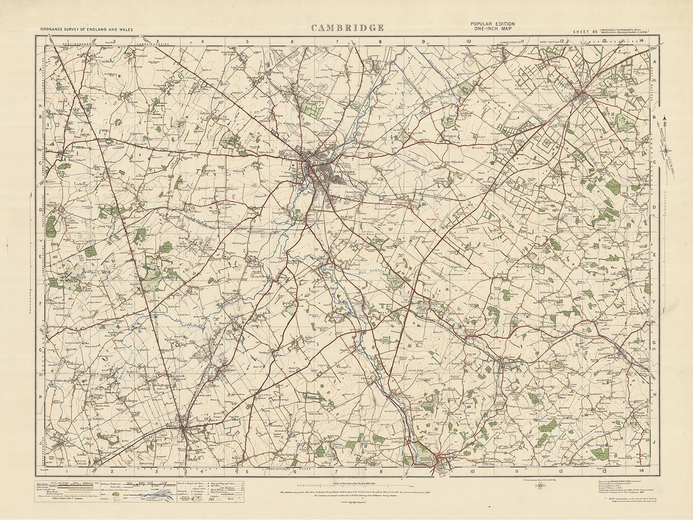 Carte Old Ordnance Survey, feuille 85 - Cambridge, 1925 : Royston, Saffron Walden, Newmarket, Haverhill, Cambourne