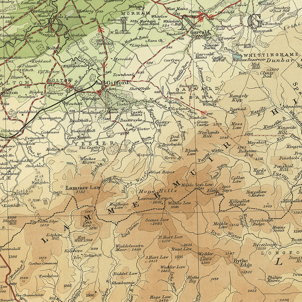 Old OS Map of Berwick & Haddington by Bartholomew, 1901: River Tweed, Lammermuir Hills, East Lothian, Scottish Borders