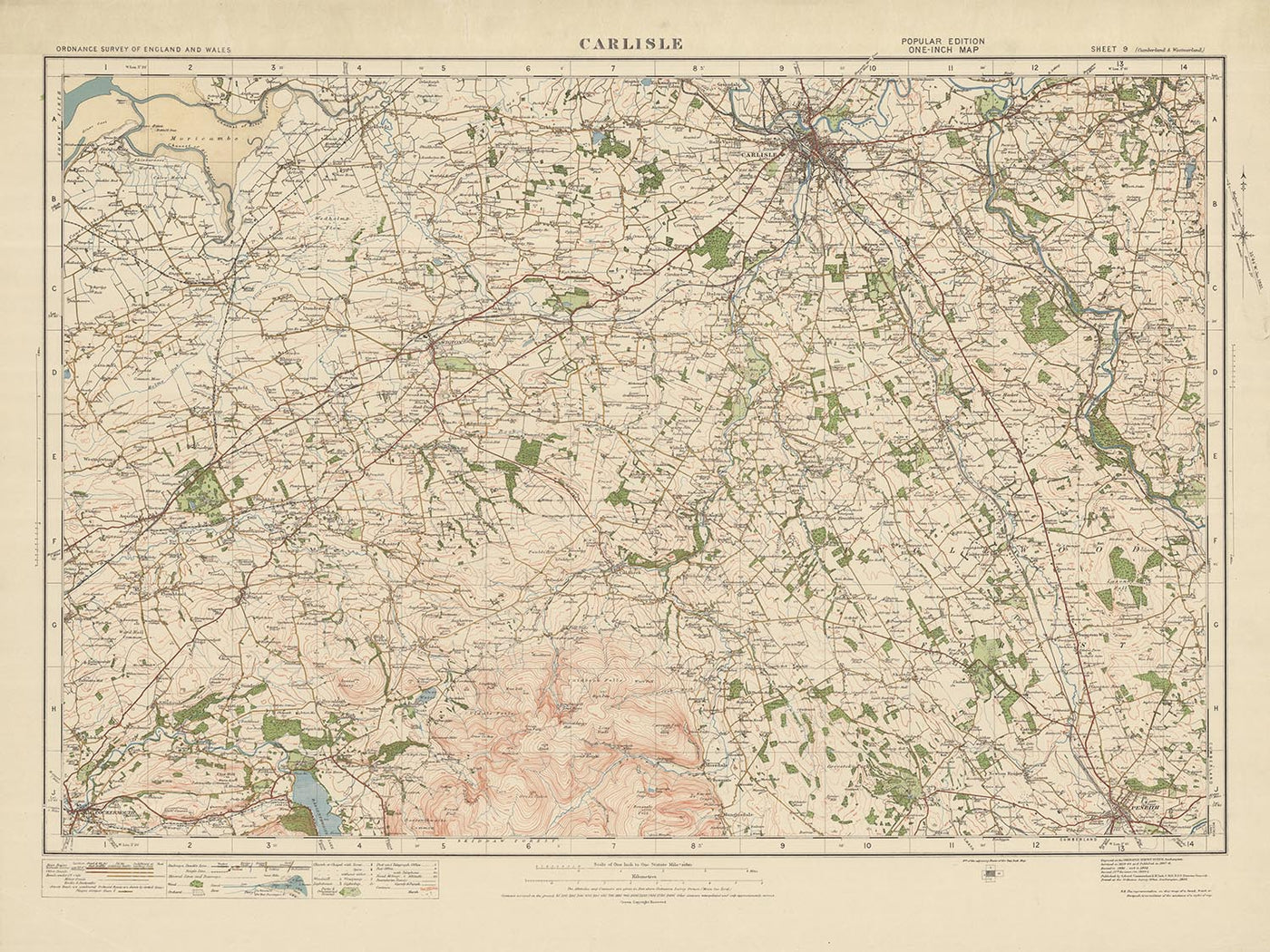 Ancienne carte de l'Ordnance Survey, feuille 9 - Carlisle, 1925 : Cockermouth, Penrith, Caldbeck, Wigton, Wetheral
