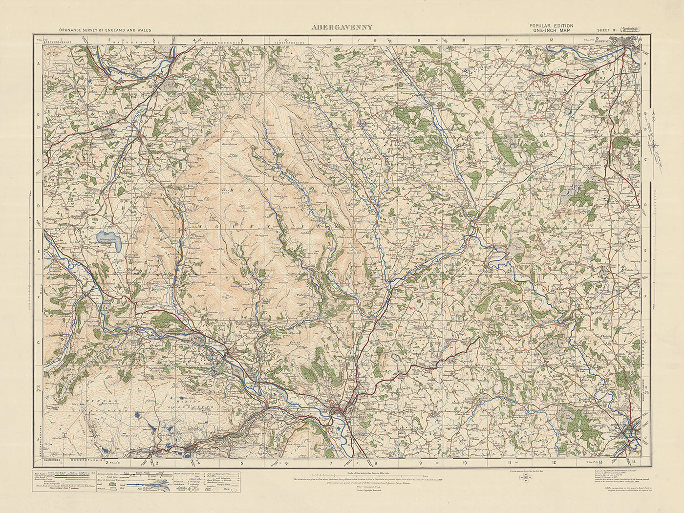 Carte Old Ordnance Survey, feuille 91 - Abergavenny, 1925 : Crickhowell, Hereford, Brynmawr, Monmouth, parc national Bannau Brycheiniog