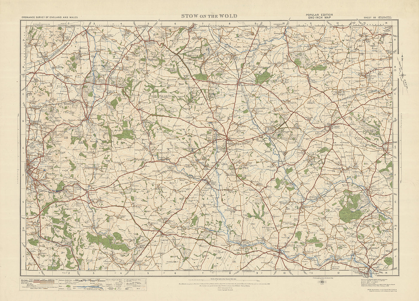 Carte Old Ordnance Survey, feuille 93 - Stow on the Wold, 1925 : Moreton-in-Marsh, Chipping Norton, Bourton-on-the-Water, Witney, Cotswolds AONB