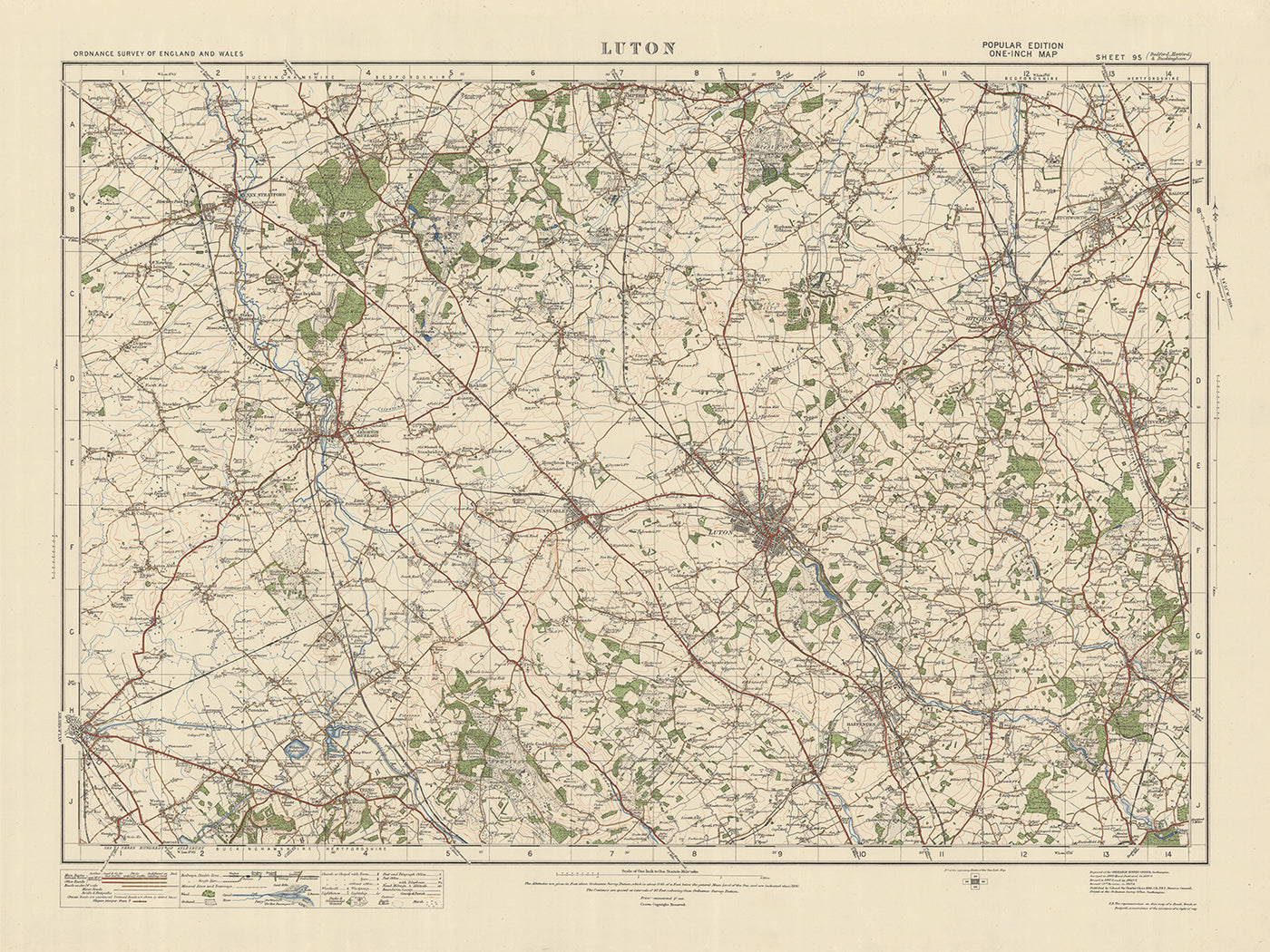 Mapa de estudio de artillería antigua, hoja 95 - Luton, 1925: Leighton Buzzard, Hitchin, Stevenage, Dunstable, Milton Keynes