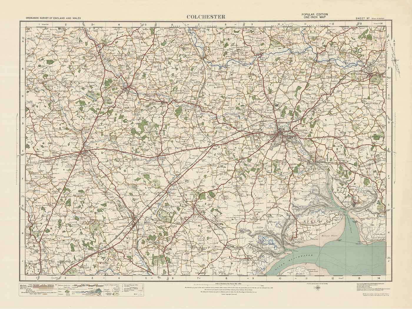 Carte Old Ordnance Survey, feuille 97 - Colchester, 1925 : Brightlingsea, Braintree, Halstead, Witham, Dedham Vale AONB