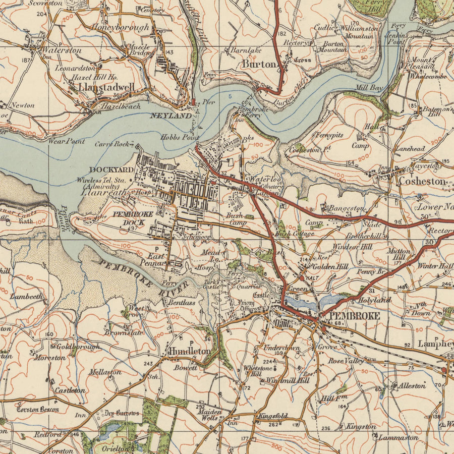Mapa de Old Ordnance Survey, hoja 99 - Pembroke & Tenby, 1925: Neyland, Milford Haven, Haverfordwest, Narberth, Parque Nacional de la Costa de Pembrokshire