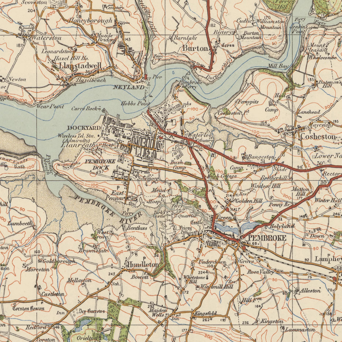 Mappa dell'Old Ordnance Survey, Foglio 99 - Pembroke e Tenby, 1925: Neyland, Milford Haven, Haverfordwest, Narberth, Parco Nazionale della Costa del Pembrokeshire 