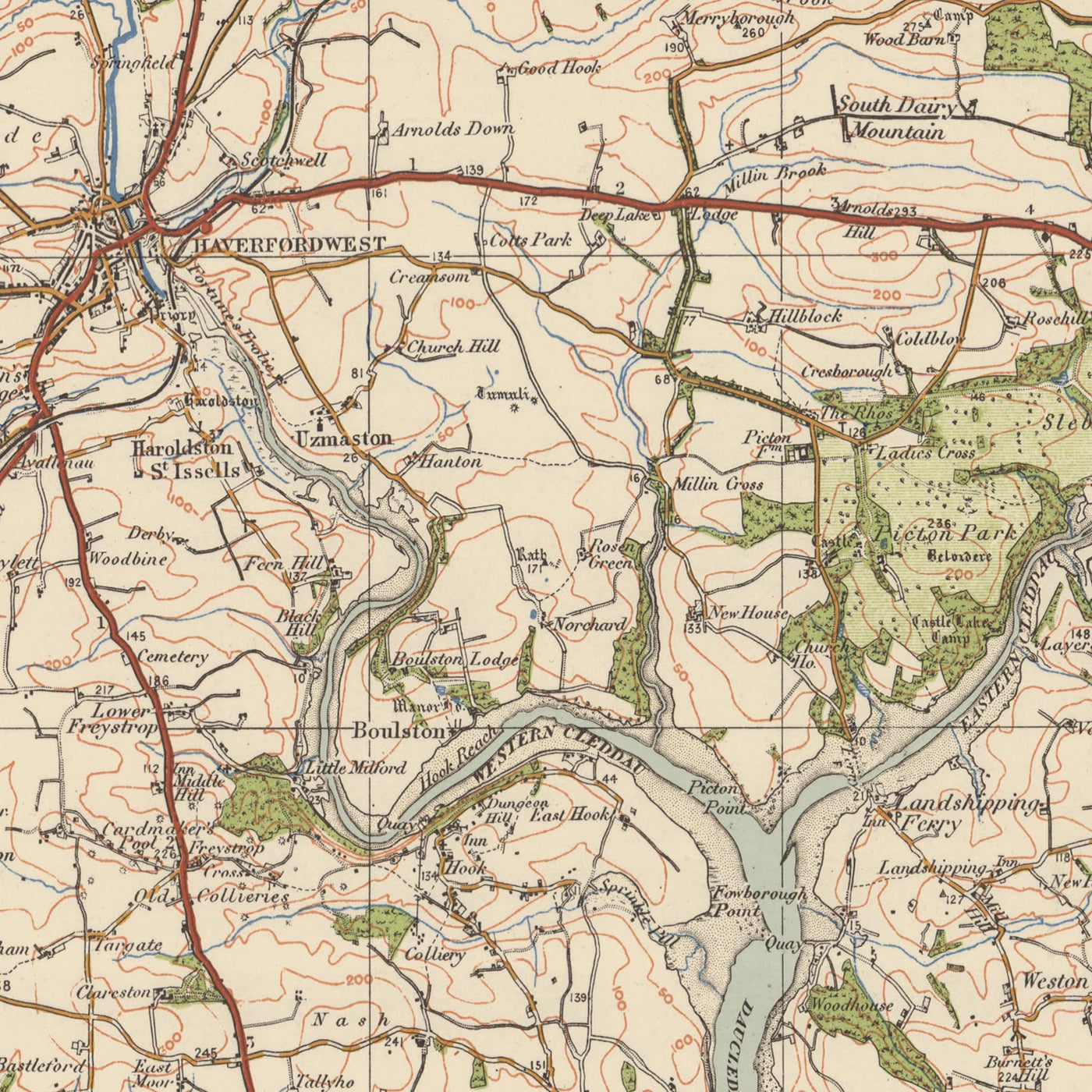 Mappa dell'Old Ordnance Survey, Foglio 99 - Pembroke e Tenby, 1925: Neyland, Milford Haven, Haverfordwest, Narberth, Parco Nazionale della Costa del Pembrokeshire 
