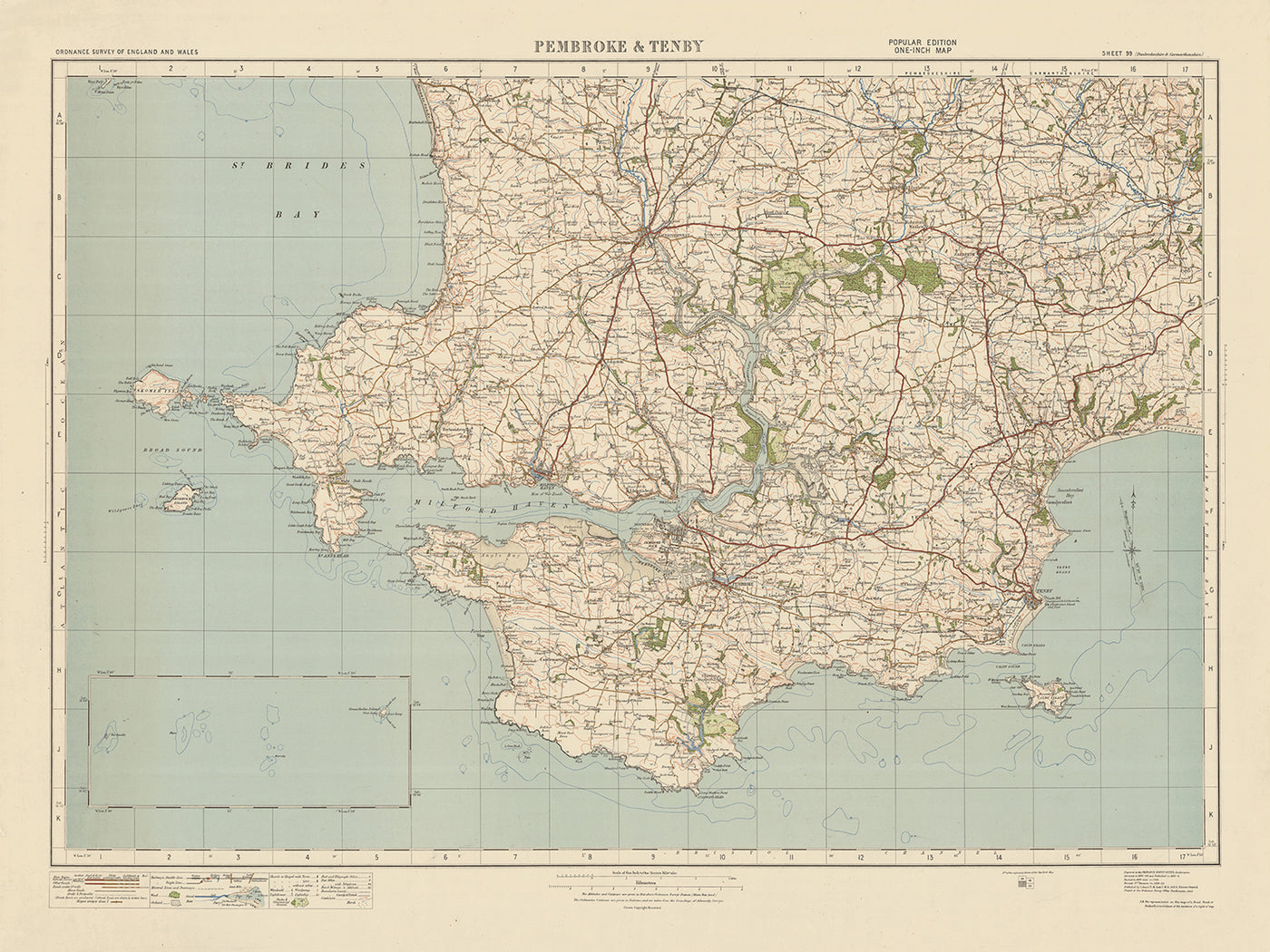 Carte de l'Old Ordnance Survey, feuille 99 - Pembroke & Tenby, 1925 : Neyland, Milford Haven, Haverfordwest, Narberth, parc national de la côte du Pembrokshire