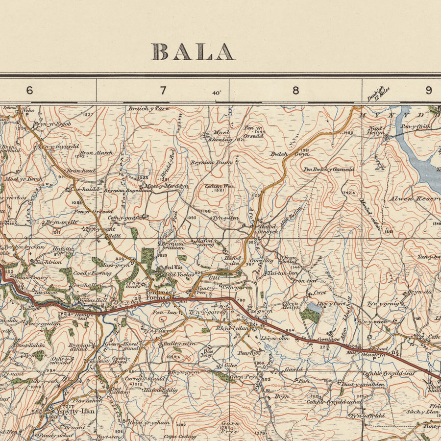Alter Ordnance Survey Karte, Blatt 50 - Bala, 1925: Corwen, Blaenau Ffestiniog, Trawsfynydd, Coed y Brenin Waldpark, Eryri Nationalpark (Snowdonia) 