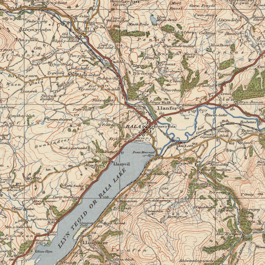 Alter Ordnance Survey Karte, Blatt 50 - Bala, 1925: Corwen, Blaenau Ffestiniog, Trawsfynydd, Coed y Brenin Waldpark, Eryri Nationalpark (Snowdonia) 