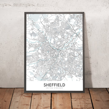 Mappa della città moderna di Sheffield, Regno Unito: Centro città, Cattedrale di Sheffield, Parco Weston, A61, M1 