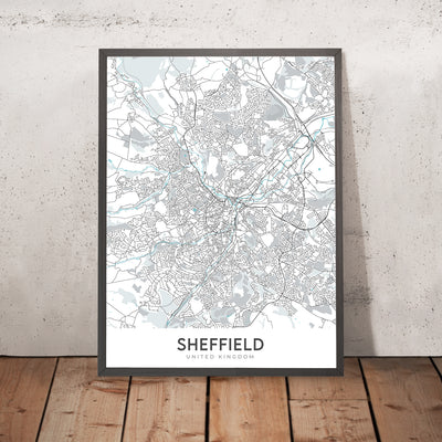 Plan de la ville moderne de Sheffield, Royaume-Uni : centre-ville, cathédrale de Sheffield, Weston Park, A61, M1