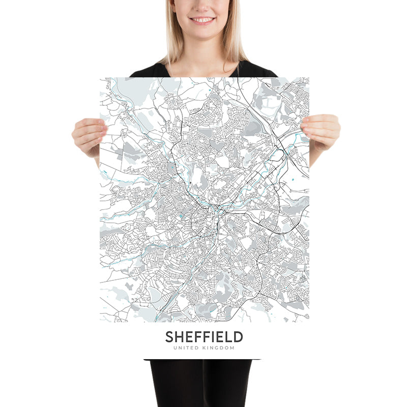 Modern City Map of Sheffield, UK: City Centre, Sheffield Cathedral, Weston Park, A61, M1