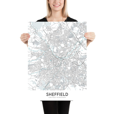 Mapa moderno de la ciudad de Sheffield, Reino Unido: centro de la ciudad, catedral de Sheffield, Weston Park, A61, M1
