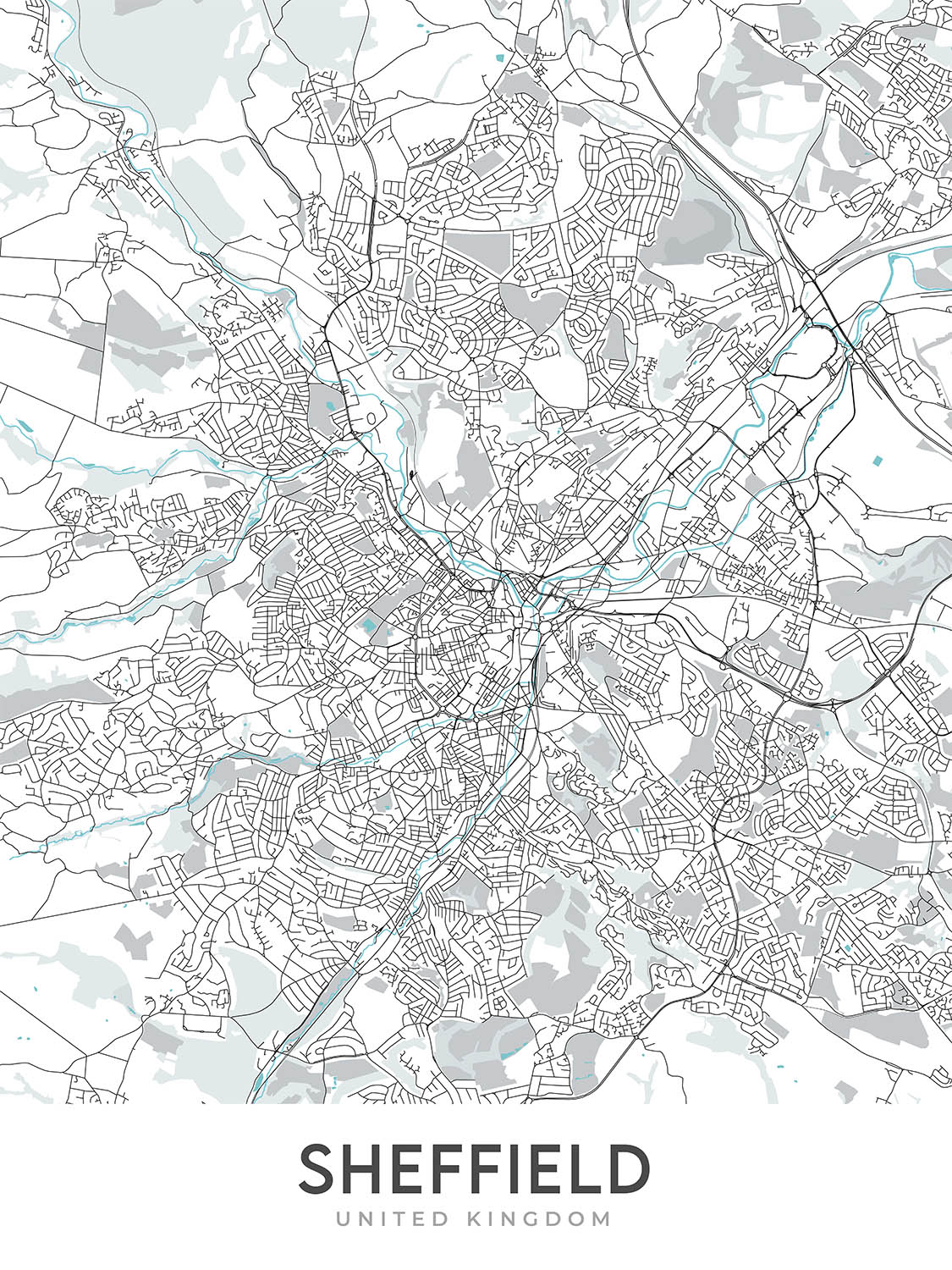 Mapa moderno de la ciudad de Sheffield, Reino Unido: centro de la ciudad, catedral de Sheffield, Weston Park, A61, M1