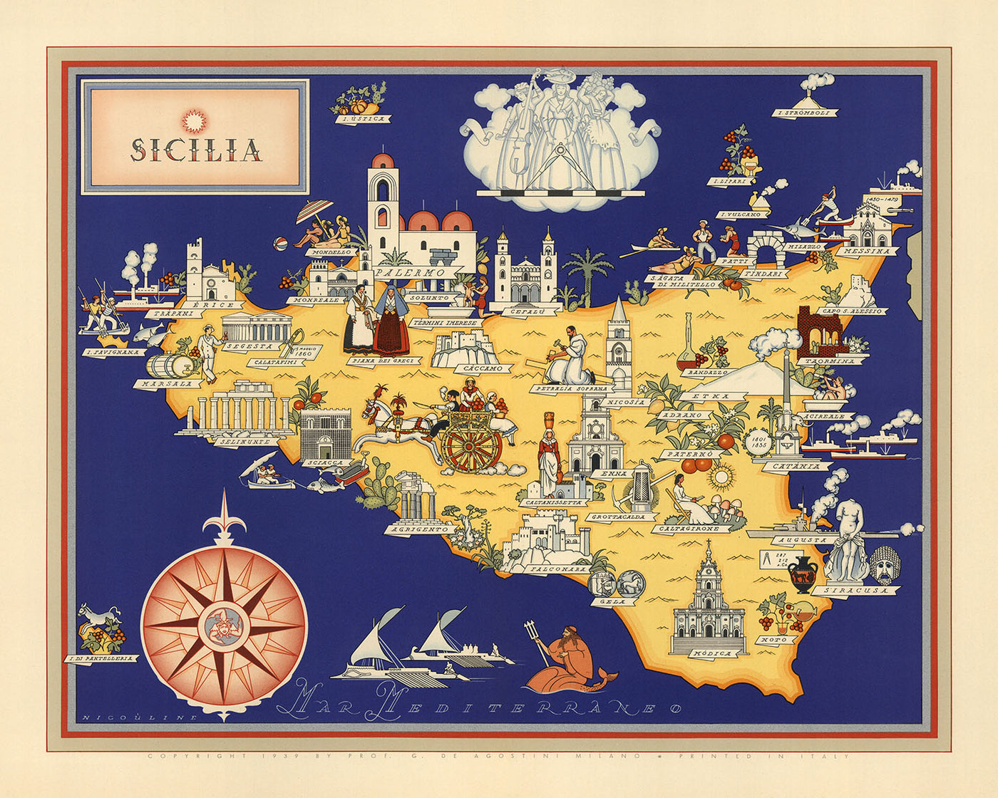 Antiguo mapa pictórico de Sicilia de De Agostini, 1938: Palermo, Catania, Messina, Parco Nazionale dell'Etna, Parco Nazionale dei Nebrodi