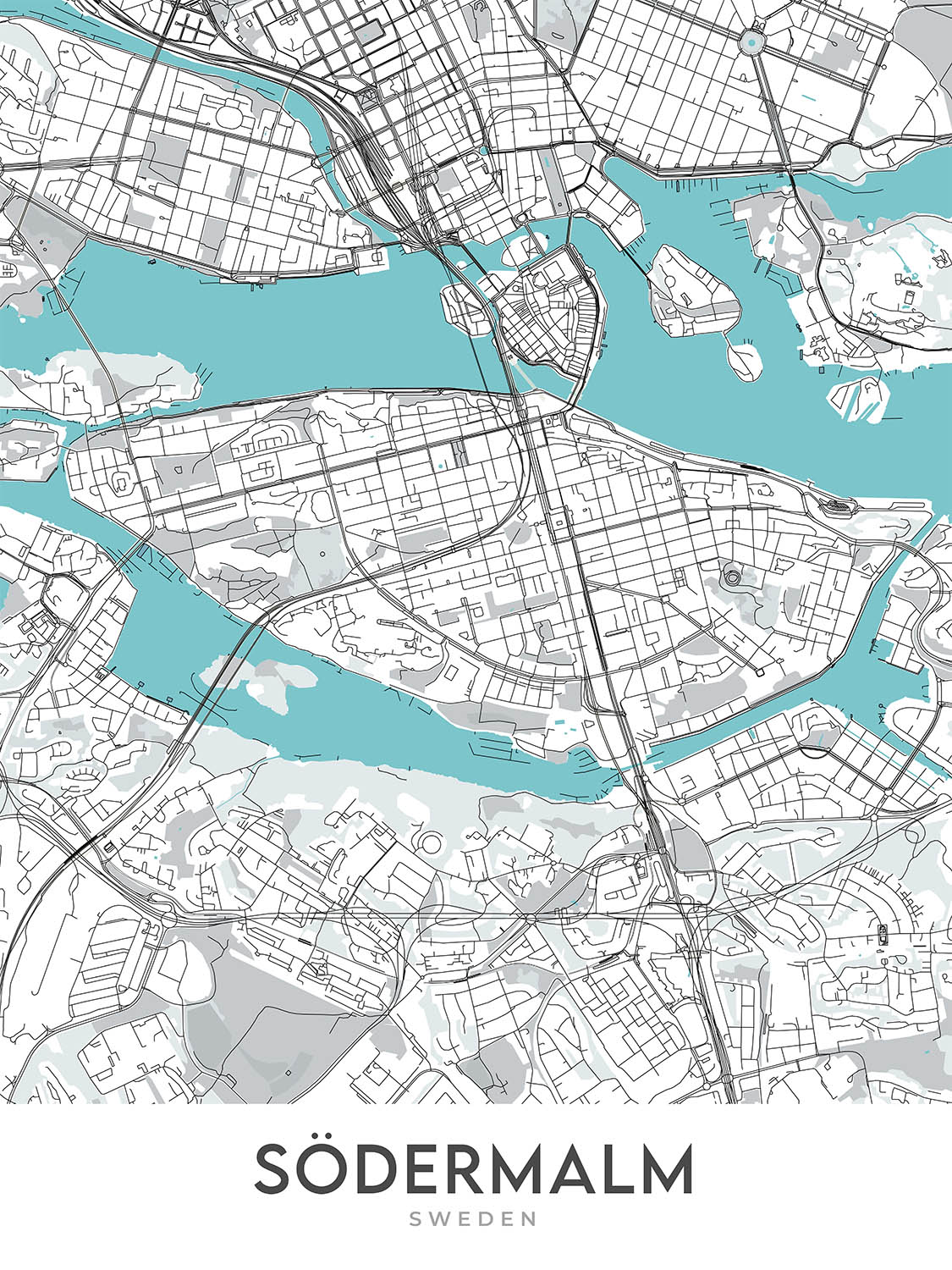 Mapa moderno de la ciudad de Södermalm, Suecia: Ayuntamiento, Globe Arena, Museo ABBA, Djurgården, Skansen
