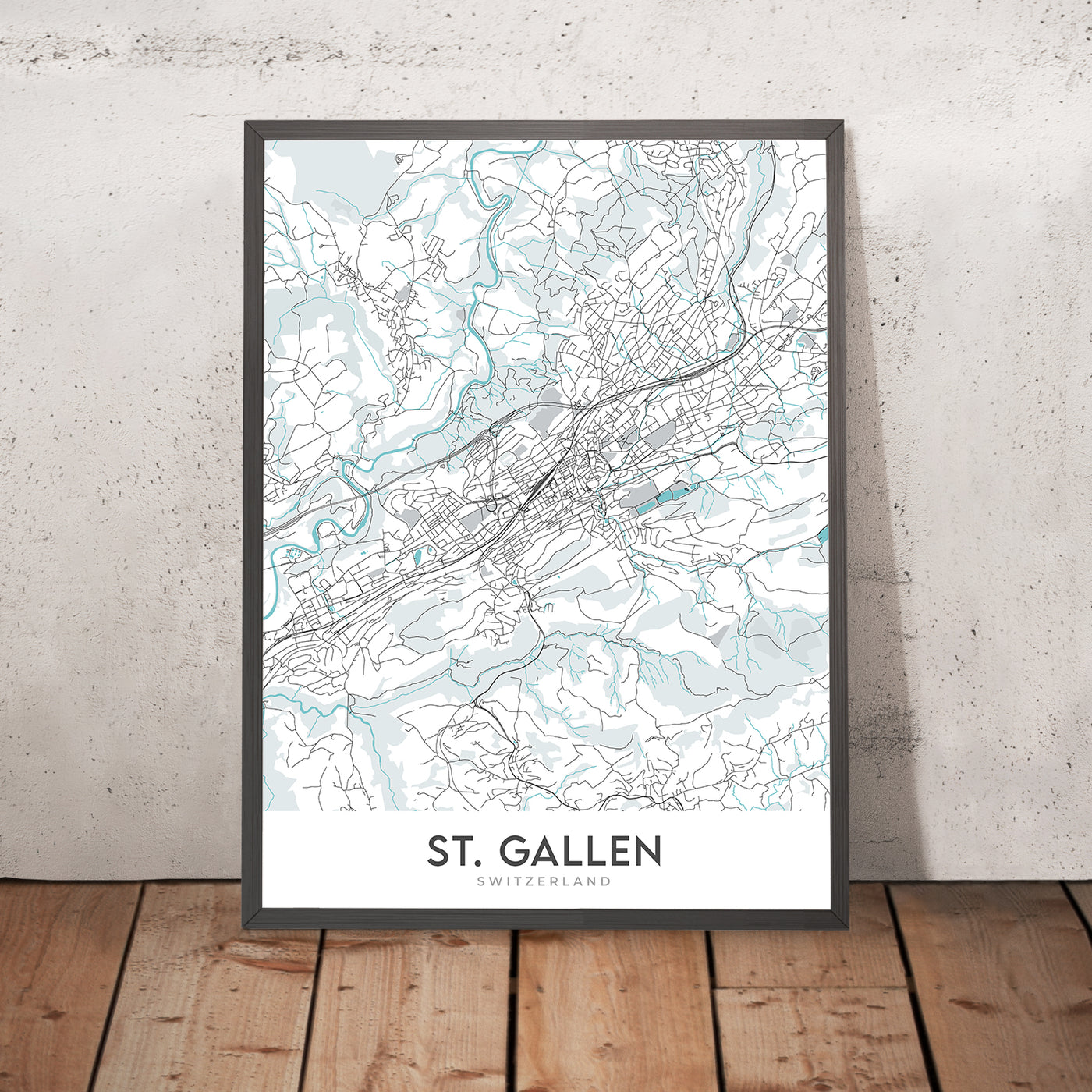 Mapa moderno de la ciudad de St. Gallen, Suiza: Abadía, Catedral, Universidad
