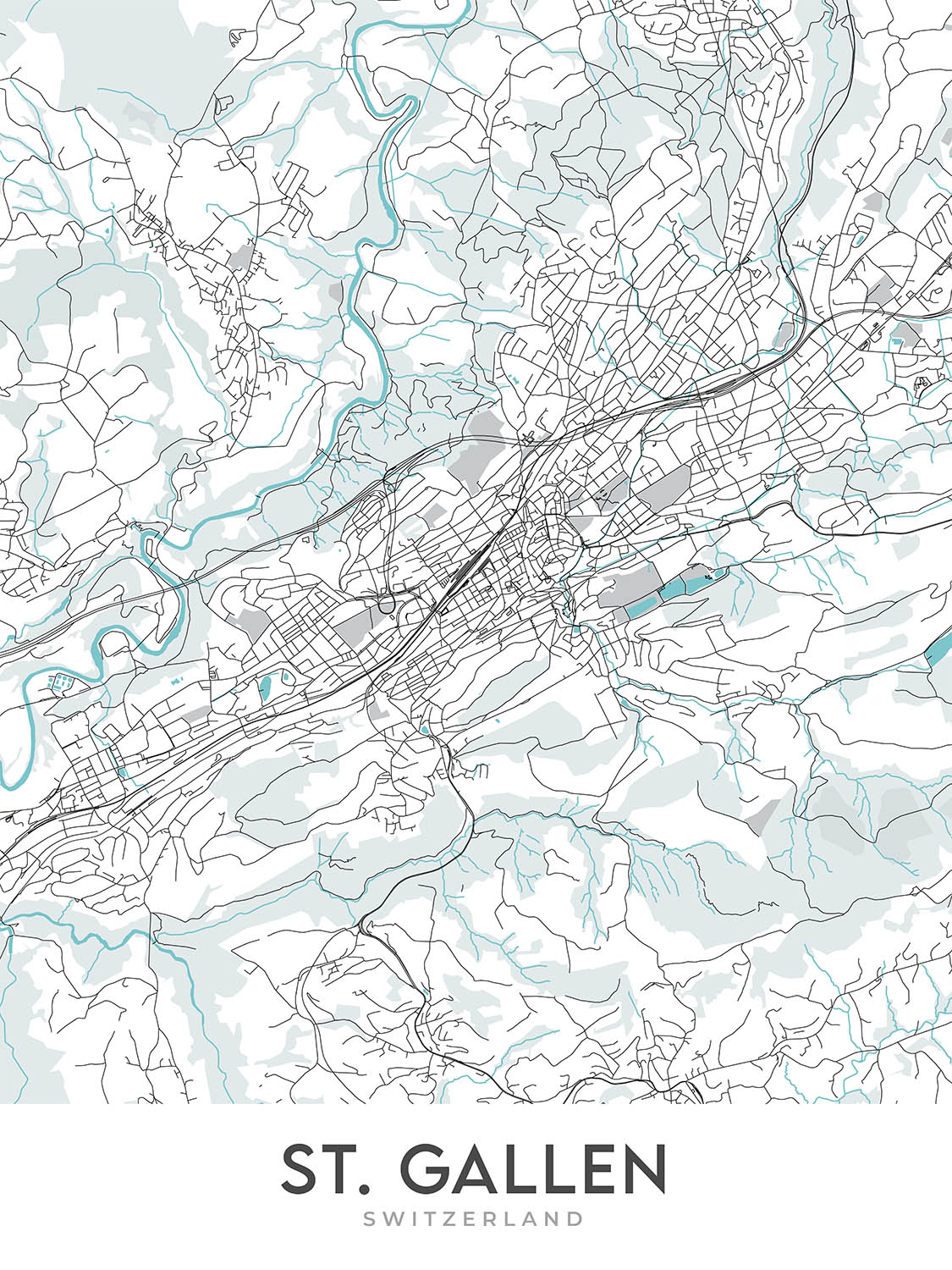 Mapa moderno de la ciudad de St. Gallen, Suiza: Abadía, Catedral, Universidad
