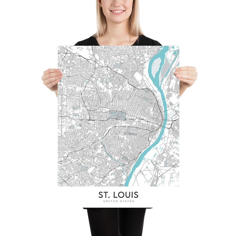 Moderner Stadtplan von St. Louis, MO: Gateway Arch, Busch Stadium, Forest Park, Soulard, Central West End