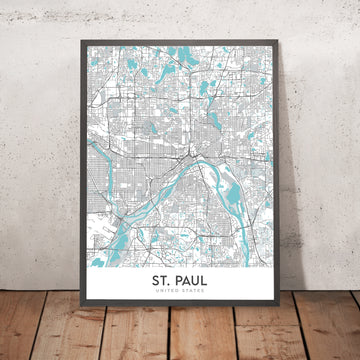 Plan de la ville moderne de St. Paul, MN : Como Park, Highland Park, Macalester College, Minnesota State Capitol, Mississippi River
