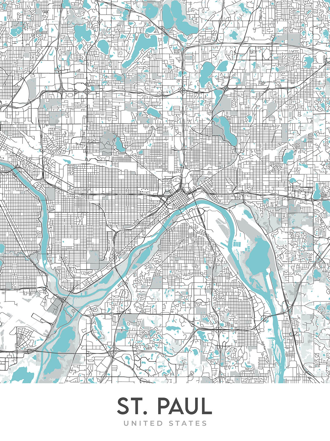 Plan de la ville moderne de St. Paul, MN : Como Park, Highland Park, Macalester College, Minnesota State Capitol, Mississippi River