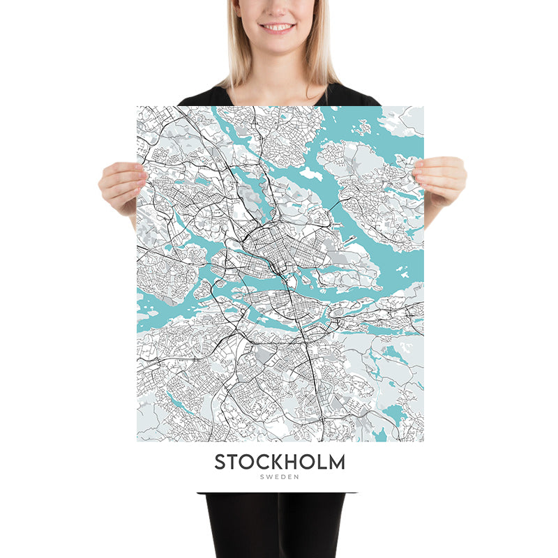 Mapa moderno de la ciudad de Estocolmo, Suecia: Gamla Stan, Palacio de Estocolmo, Djurgården, E4, E18