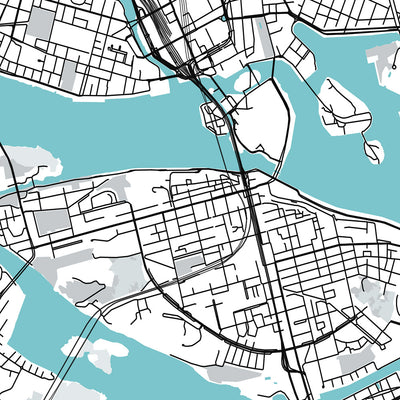 Plan de la ville moderne de Stockholm, Suède : Gamla Stan, Palais de Stockholm, Djurgården, E4, E18