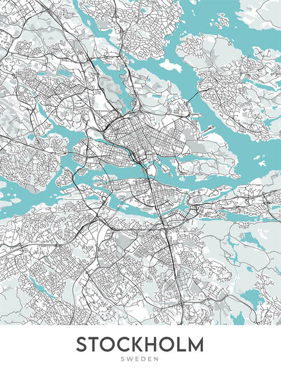 Mapa moderno de la ciudad de Estocolmo, Suecia: Gamla Stan, Palacio de Estocolmo, Djurgården, E4, E18
