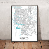 Moderne Stadtkarte von Stockton, CA: Innenstadt, University of the Pacific, Stockton Arena, I-5, SR-99 
