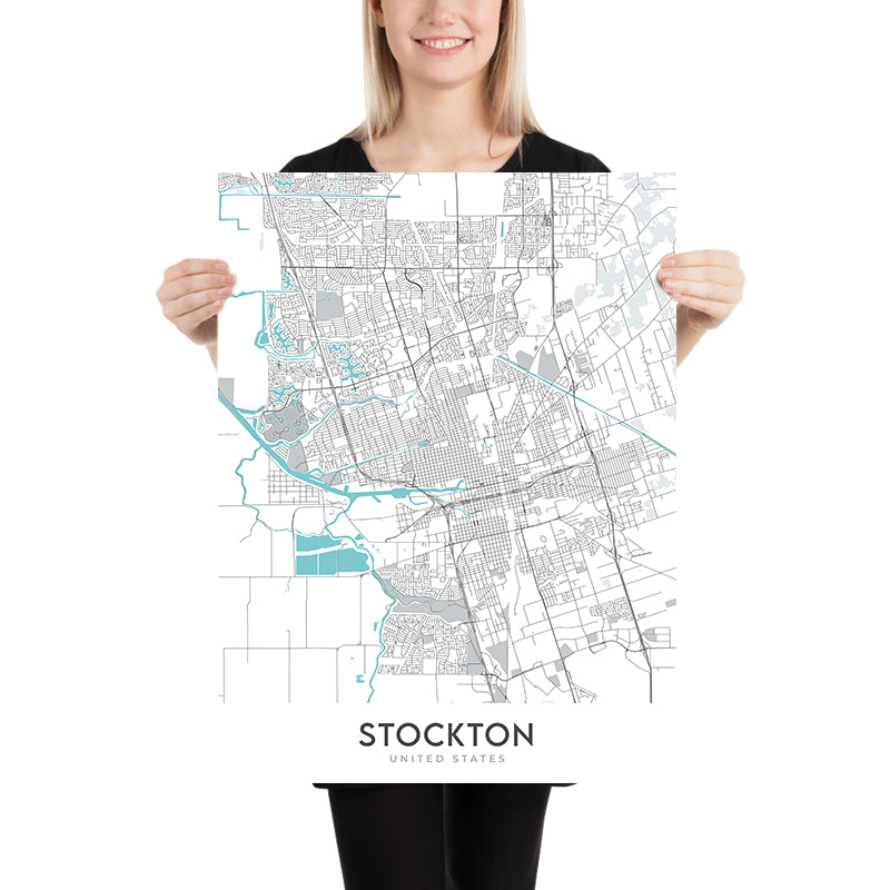 Modern City Map of Stockton, CA: Downtown, University of the Pacific, Stockton Arena, I-5, SR-99