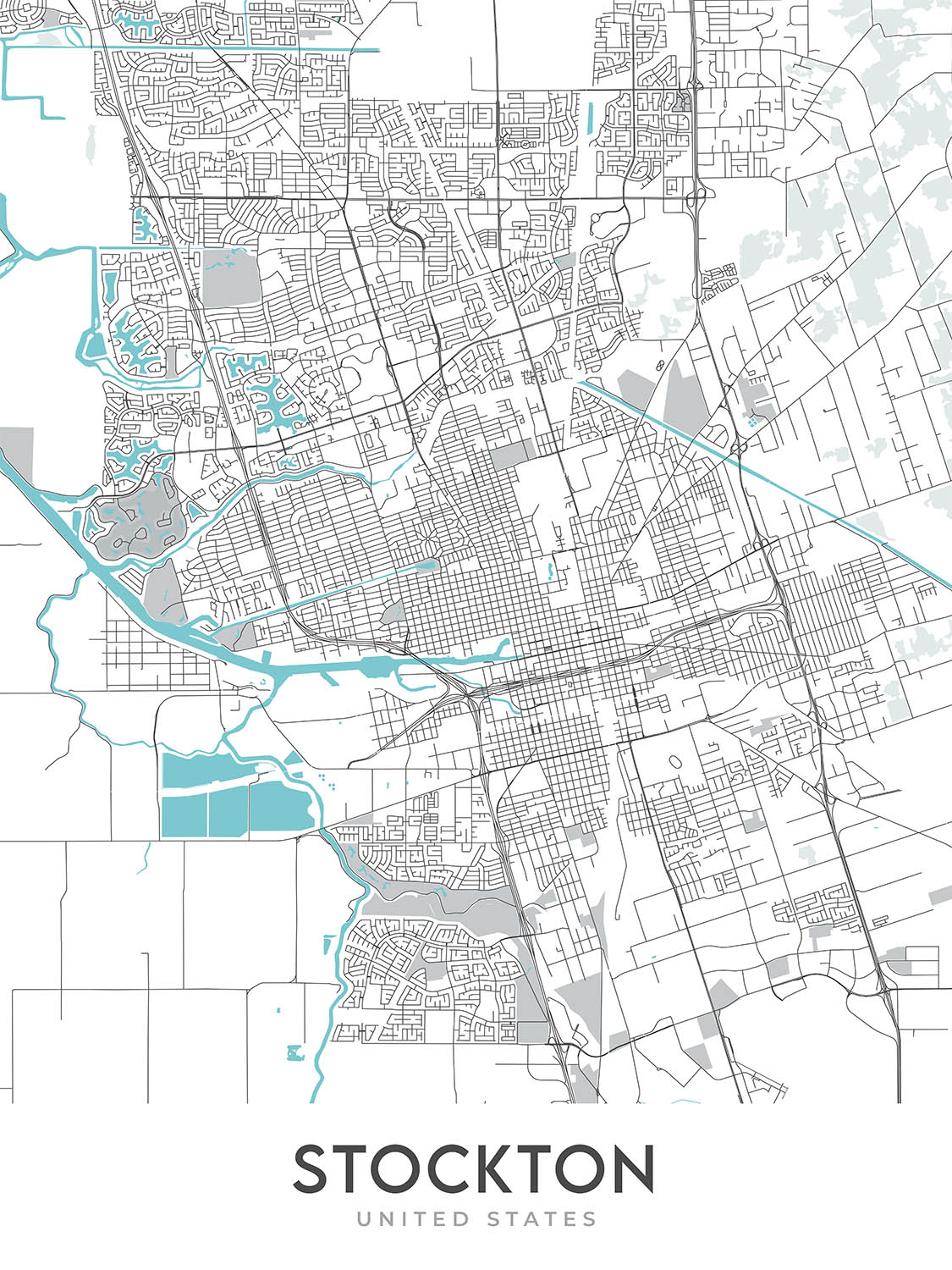 Moderner Stadtplan von Stockton, Kalifornien: Innenstadt, University of the Pacific, Stockton Arena, I-5, SR-99