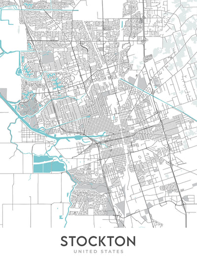 Mapa moderno de la ciudad de Stockton, CA: Centro, Universidad del Pacífico, Stockton Arena, I-5, SR-99
