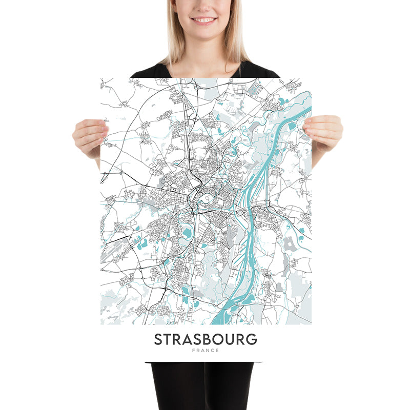Mappa moderna della città di Strasburgo, Francia: Cattedrale, Rohan, Parc, Gare, A35 