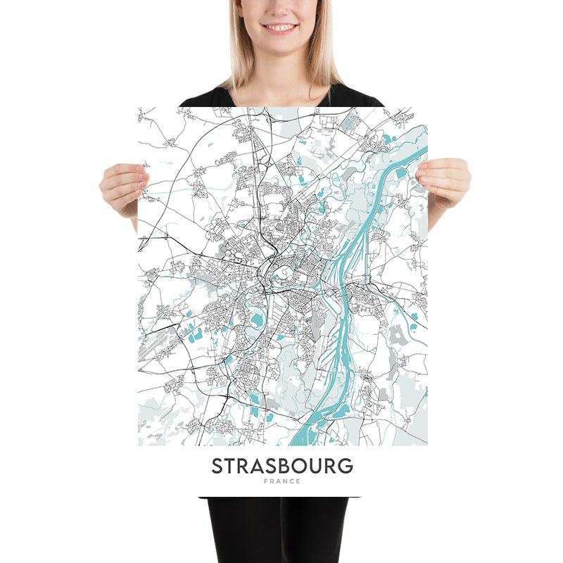 Mapa moderno de la ciudad de Estrasburgo, Francia: Catedral, Rohan, Parc, Gare, A35