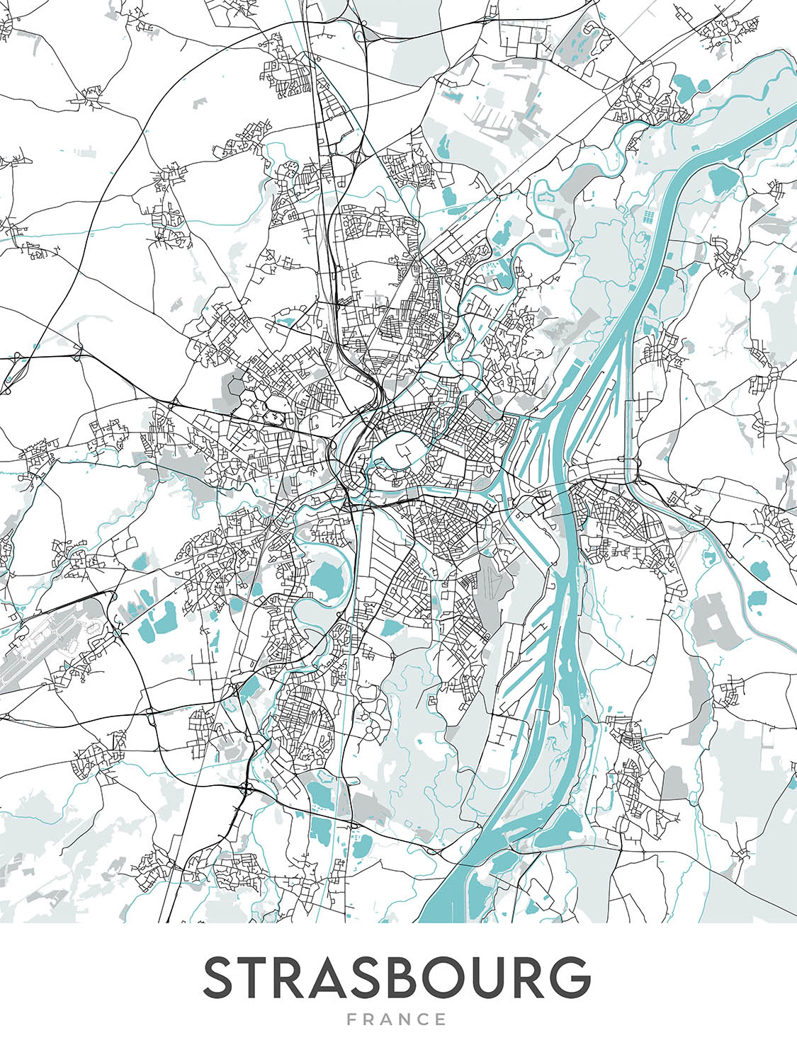Moderner Stadtplan von Straßburg, Frankreich: Kathedrale, Rohan, Parc, Gare, A35
