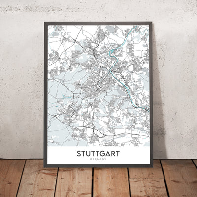 Plan de la ville moderne de Stuttgart, Allemagne : Fernsehturm, musée Mercedes-Benz, musée Porsche, Schloss Solitude, Staatsgalerie