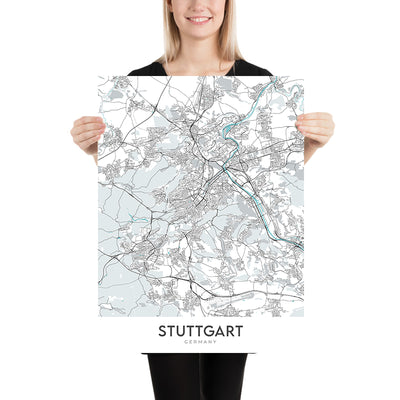 Moderner Stadtplan von Stuttgart, Deutschland: Fernsehturm, Mercedes-Benz Museum, Porsche Museum, Schloss Solitude, Staatsgalerie