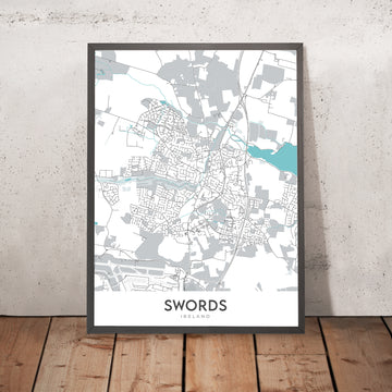 Mappa della città moderna di Swords, Irlanda: Castello di Swords, Castello di Malahide, Spiaggia di Donabate, Spiaggia di Portrane, Spiaggia di Rush 