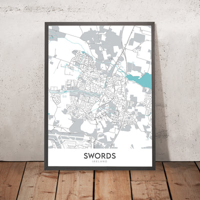 Moderner Stadtplan von Swords, Irland: Swords Castle, Malahide Castle, Donabate Beach, Portrane Beach, Rush Beach