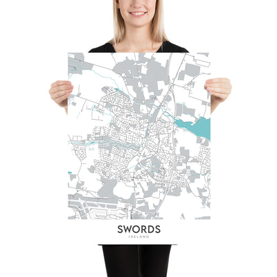 Moderner Stadtplan von Swords, Irland: Swords Castle, Malahide Castle, Donabate Beach, Portrane Beach, Rush Beach