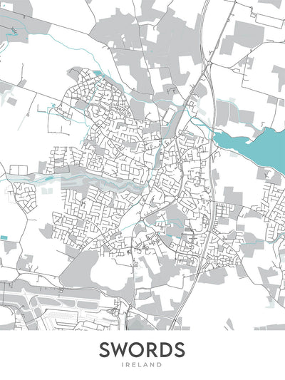 Mapa moderno de la ciudad de Swords, Irlanda: Castillo de Swords, Castillo de Malahide, Playa Donabate, Playa Portrane, Playa Rush