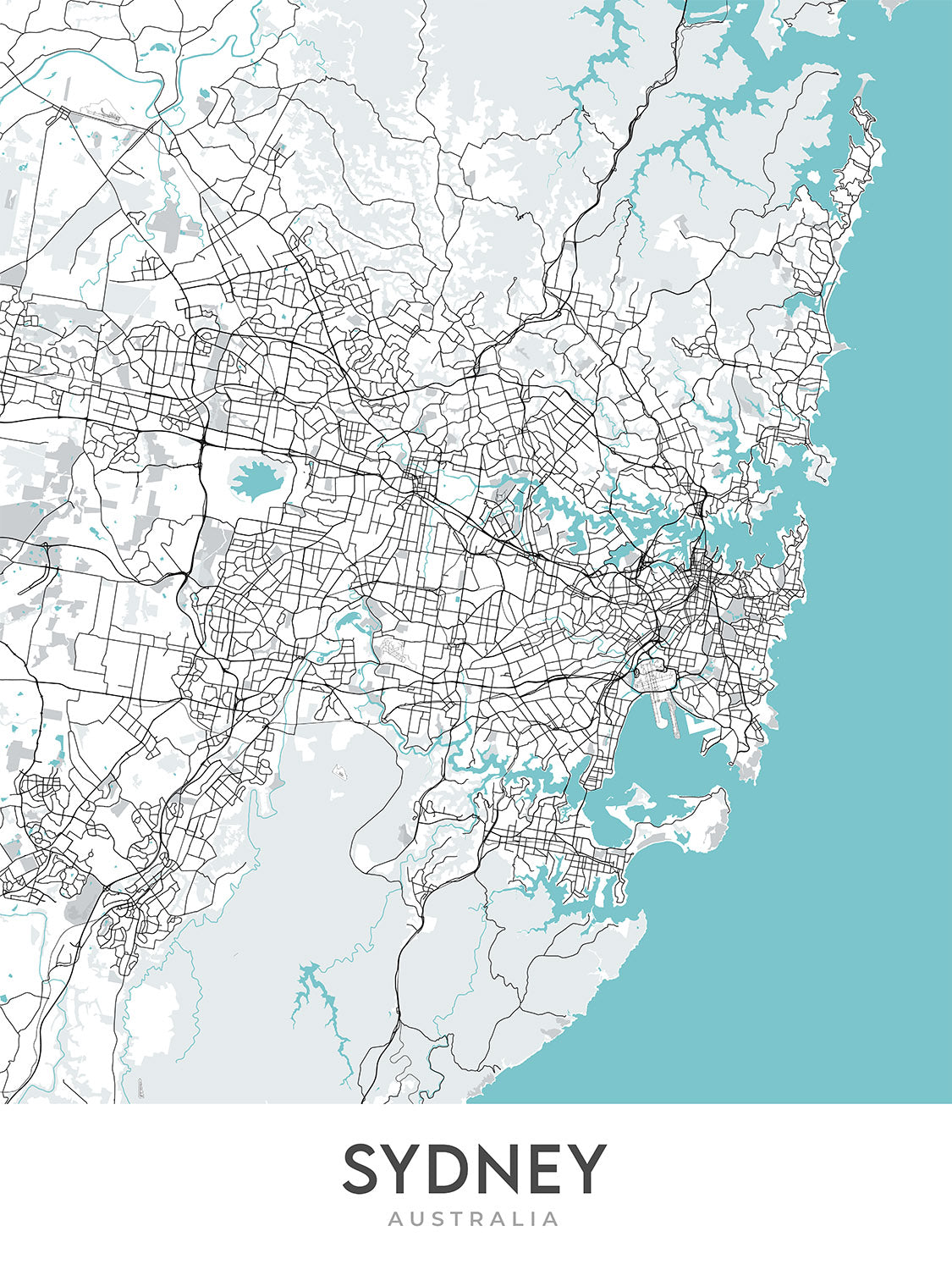 Plan de la ville moderne de Sydney, Australie : CBD, Opéra, Harbour Bridge, Bondi Beach, The Rocks