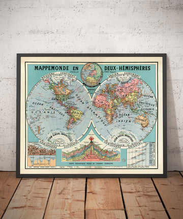 Mappa del mondo a doppio emisfero in francese antico nel 1925 di Joseph Forest - Vulcani, Montagne, Fondale Oceanico 