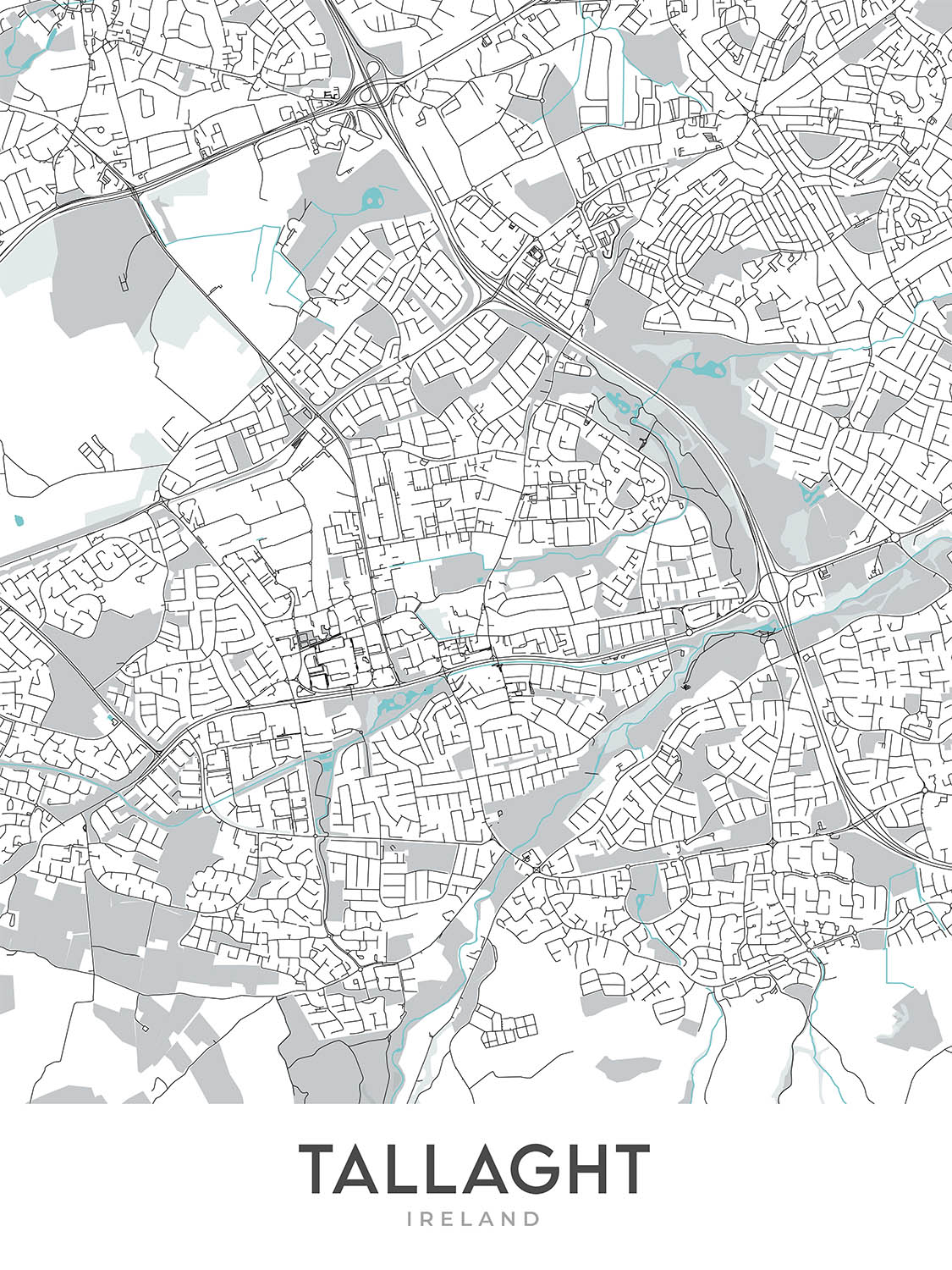 Plan de la ville moderne de Tallaght, Irlande : stade de Tallaght, The Square, hôpital de Tallaght, autoroute M50, route nationale N81
