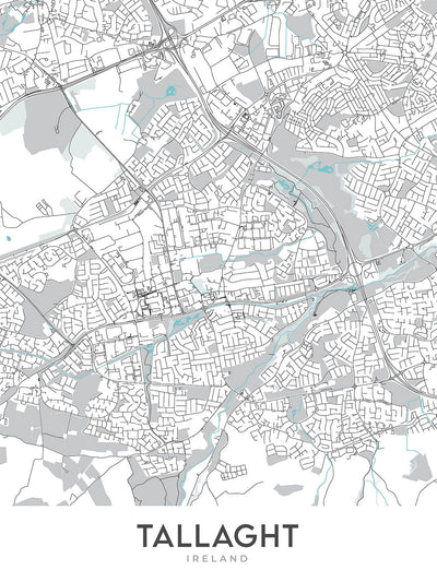 Mapa moderno de la ciudad de Tallaght, Irlanda: estadio de Tallaght, la plaza, hospital de Tallaght, autopista M50, ruta nacional N81