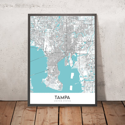 Plan de la ville moderne de Tampa, Floride : centre-ville, Ybor City, Bayshore, aéroport, stade
