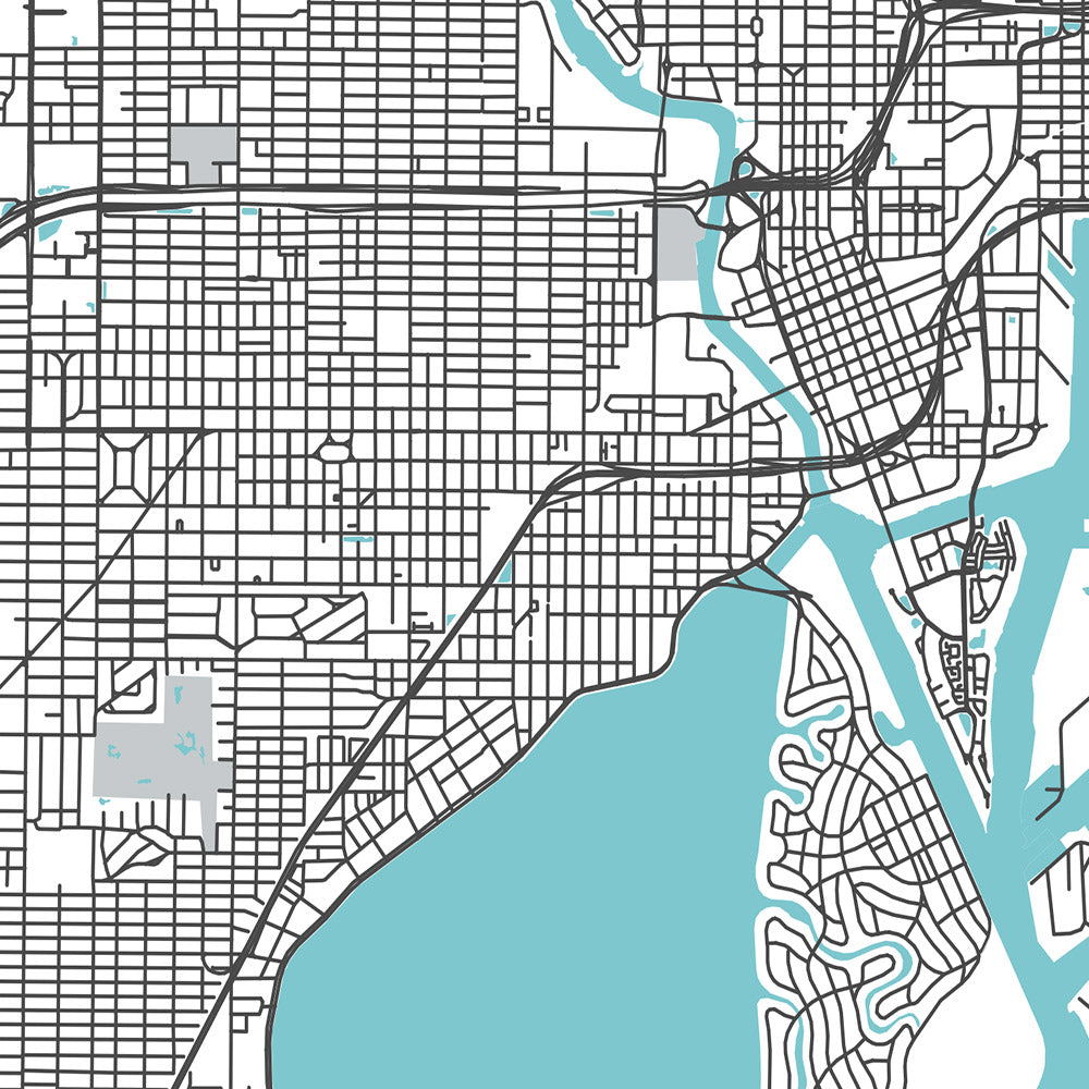 Plan de la ville moderne de Tampa, Floride : centre-ville, Ybor City, Bayshore, aéroport, stade