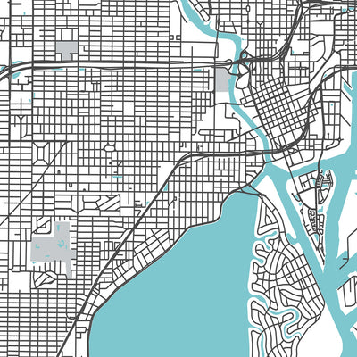 Mapa moderno de la ciudad de Tampa, FL: centro, Ybor City, Bayshore, aeropuerto, estadio