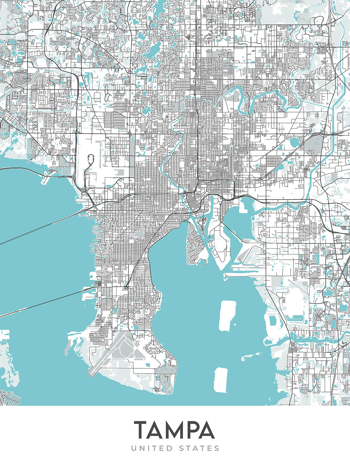Moderner Stadtplan von Tampa, FL: Innenstadt, Ybor City, Bayshore, Flughafen, Stadion